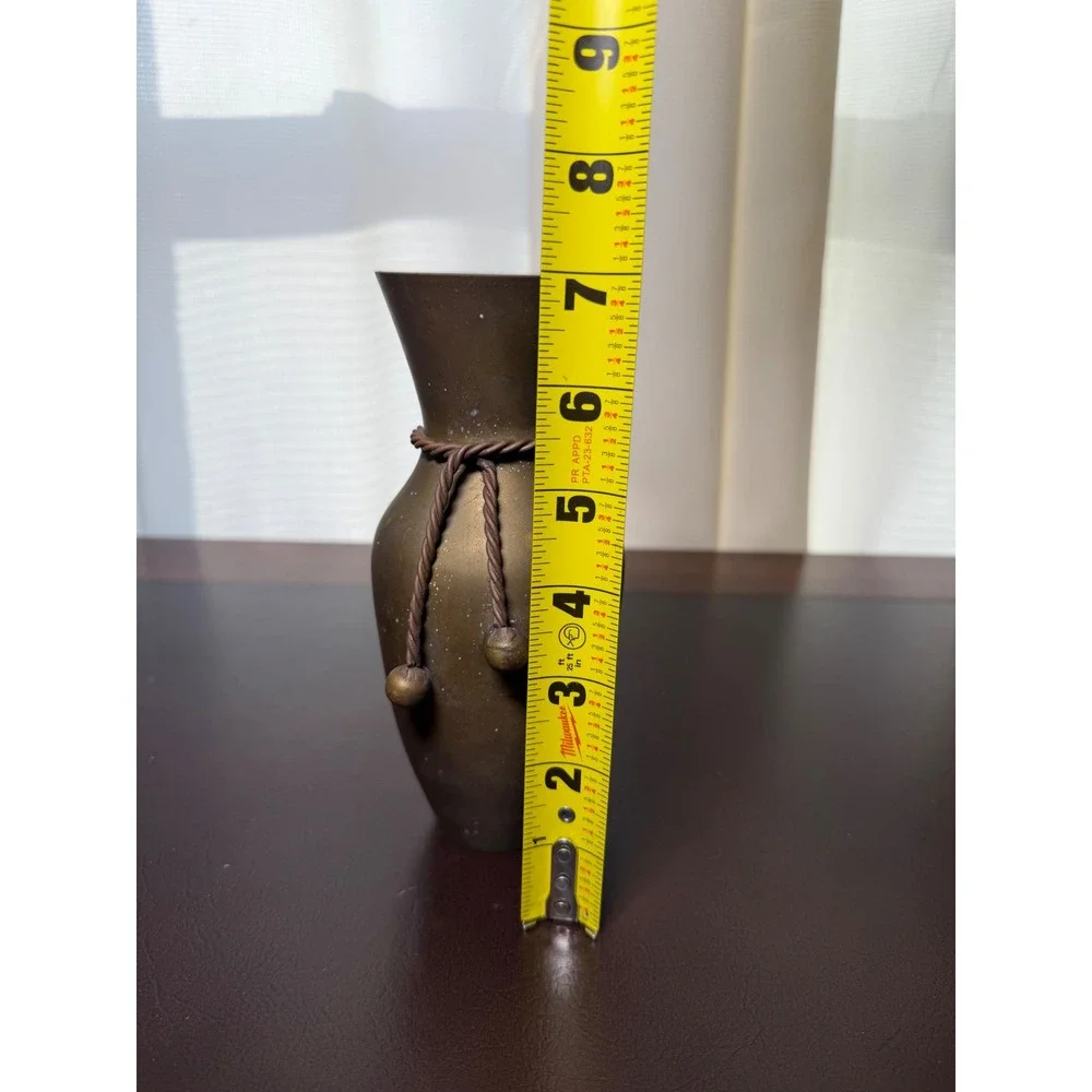 Vintage Brass Bud Vase Flared Rim Twisted Rope Accent Aged Patina 7 Inch